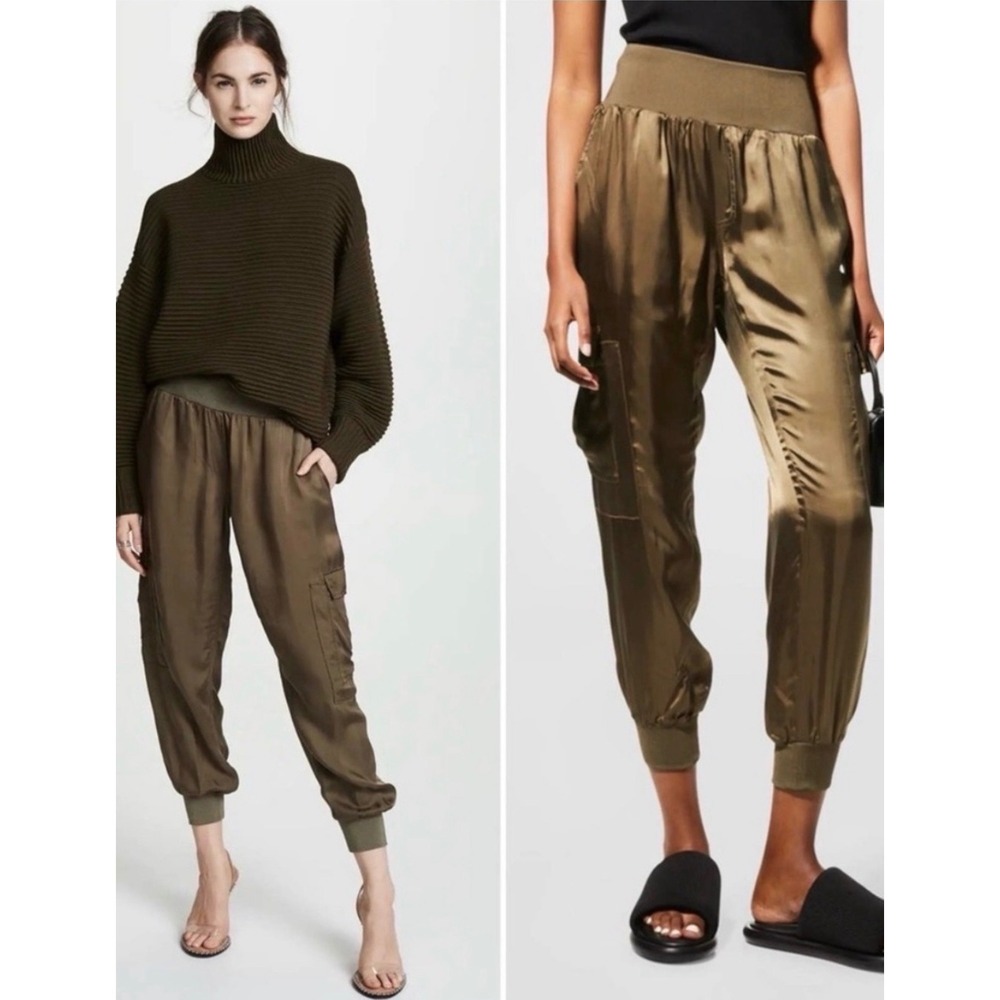 Cinq A Sept Giles Pants Women S Olive Green Excellent Satin Cargo Joggers Luxury